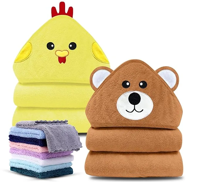 Cute Castle 2 Pack Hooded Baby Towel Rayon Made from Bamboo with 8 Washcloths - Soft Bath Towel for Bathtub for Babie, Newborn, Infant - Ultra