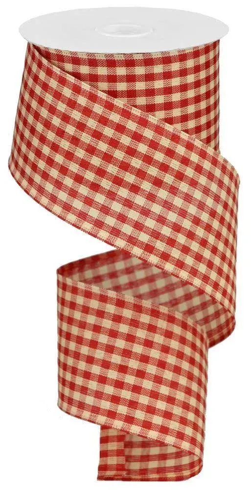 Primitive Gingham Check Wired Edge Ribbon 10 Yards Red Beige 2.5&#034;