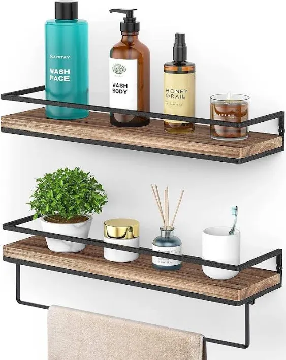 Floating Shelves Wall Mounted Set of 2, Wall Shelf with Towel Bar Rustic Wood ...