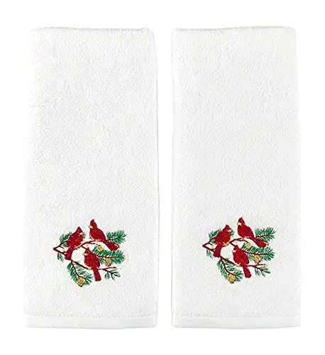 Christmas Hand Towels: Plush Velour Cotton with Embroidered Winter Cardinal Birds on Pine Tree, Set of 2