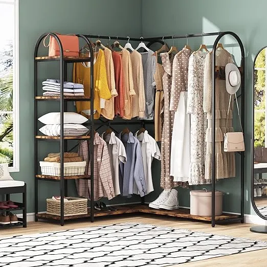 Tribesigns L Shape Clothes Rack, Corner Garment Rack with Storage Shelves and Hanging Rods, Space-Saving Large Open Wardrobe Closet for Bedroom