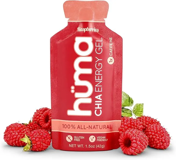 Huma Chia Energy Gel, Raspberries, 12 Gels, 1x Caffeine - Premier Sports Nutrition for Endurance Exercise