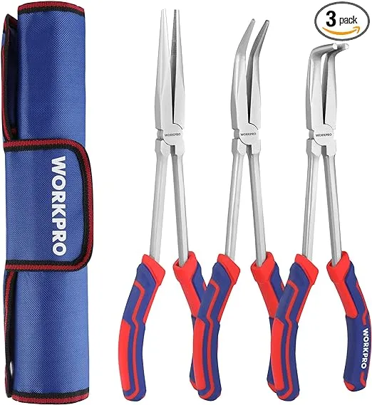 WorkPro 3PC Long Reach Pliers Set, 11 inch Extra Long Needle Nose Pliers Set Includes Long Reach Straight Pliers, 90° Bent Nose Pliers, 45° Bent