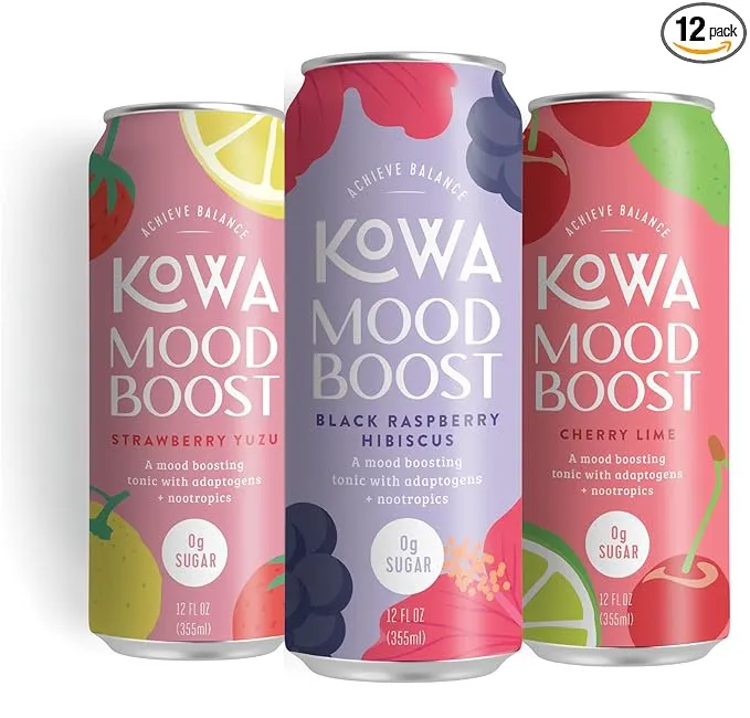 Kowa Mood Boost, 10 Calorie Soda, Adaptogen Drink, 0 Sugar, No Caffeine, Variety Pack, 12 fl oz (Pack of 12)