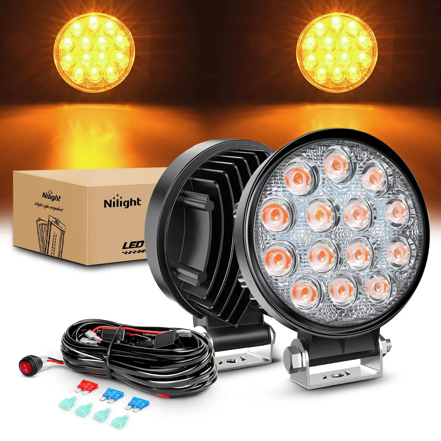 Nilight 4.5inch 42W 4200lm Amber LED Light Pods Round Flood Light Off Road Lights ...