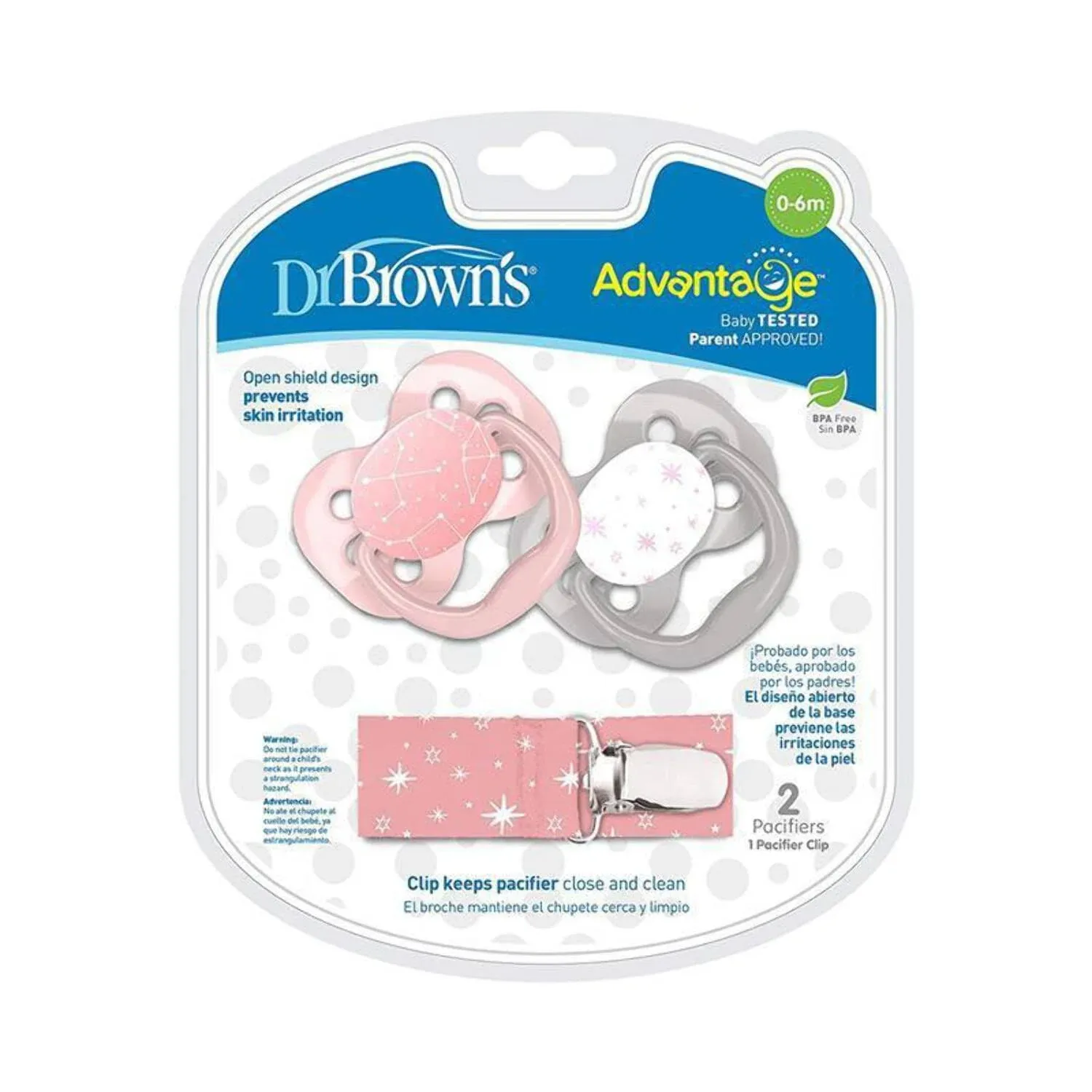 Dr. Brown&#039;s Advantage Symmetrical Pacifier with Air Flow &amp; Pacifier Clip, Pink,