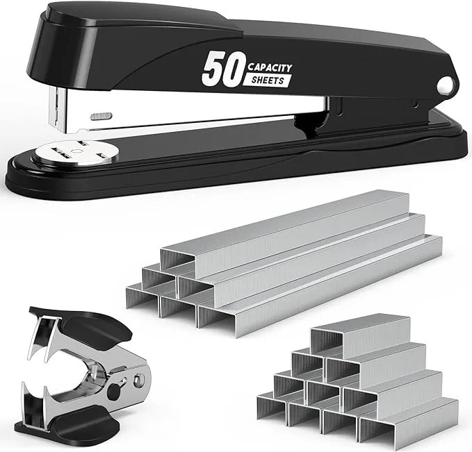 Metal Stapler Heavy Duty 50 Sheet Capacity with 1750 Staples and Staple Remover, Full Strip Staplers for Desk, No Jam, Non-Slip Office Stapler with Staples for Office & Classroom, Black