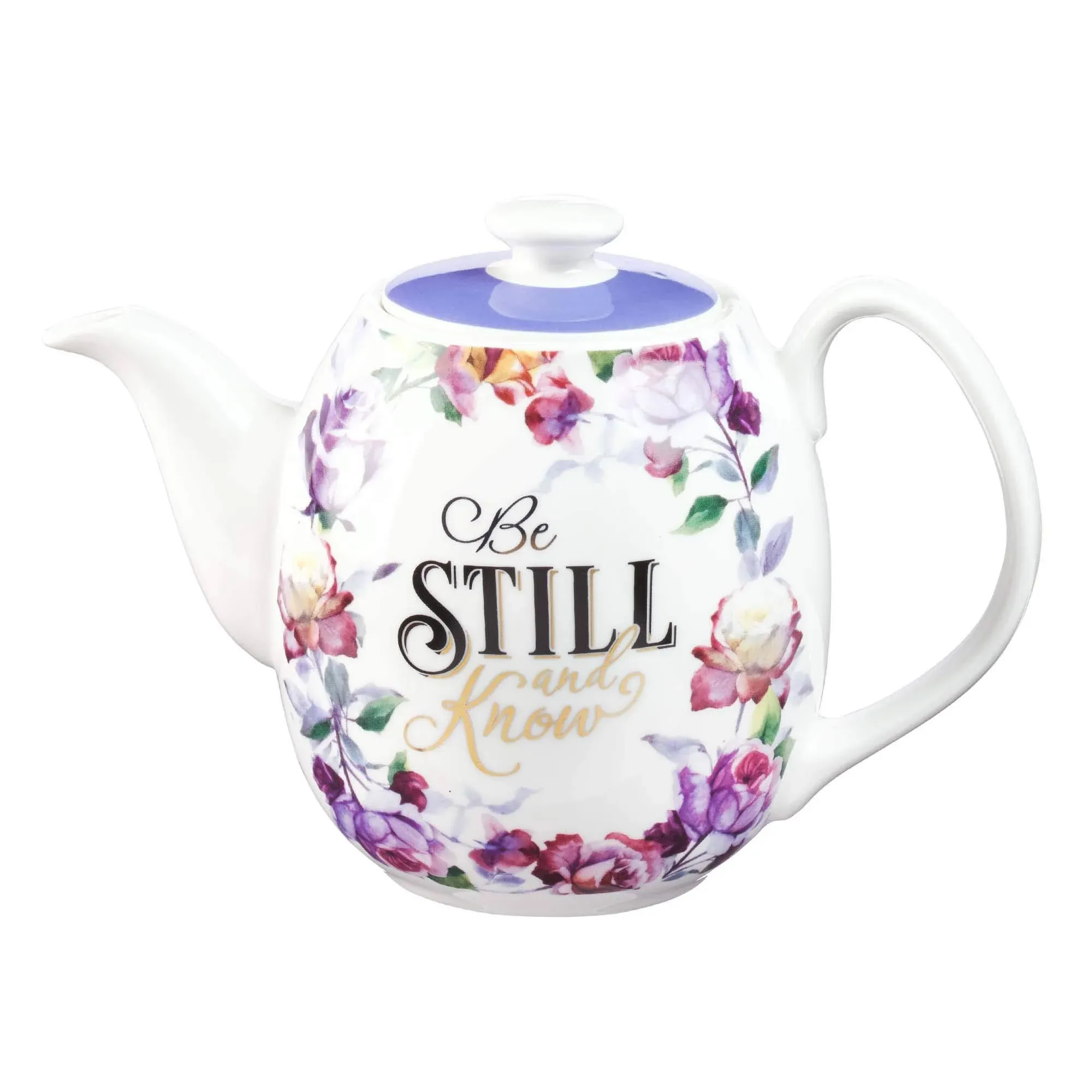 Christian Art Gifts Women's White Ceramic Teapot for One: Be Still and Know - Psalm 46:10 Inspirational Bible Verse, Novelty/Vintage Purple Rose Flower w/Golden Foil for Hot & Cold Liquids, 32 oz.