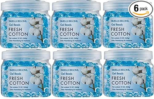 SMELLS BEGONE Odor Eliminator Gel Beads - Air Freshener - Eliminates Odors in Bathrooms, Boats, Cars, RVs & Pet Areas - Made with Essential Oils - Fresh Cotton Scent - 12 Ounce - 6 Pack