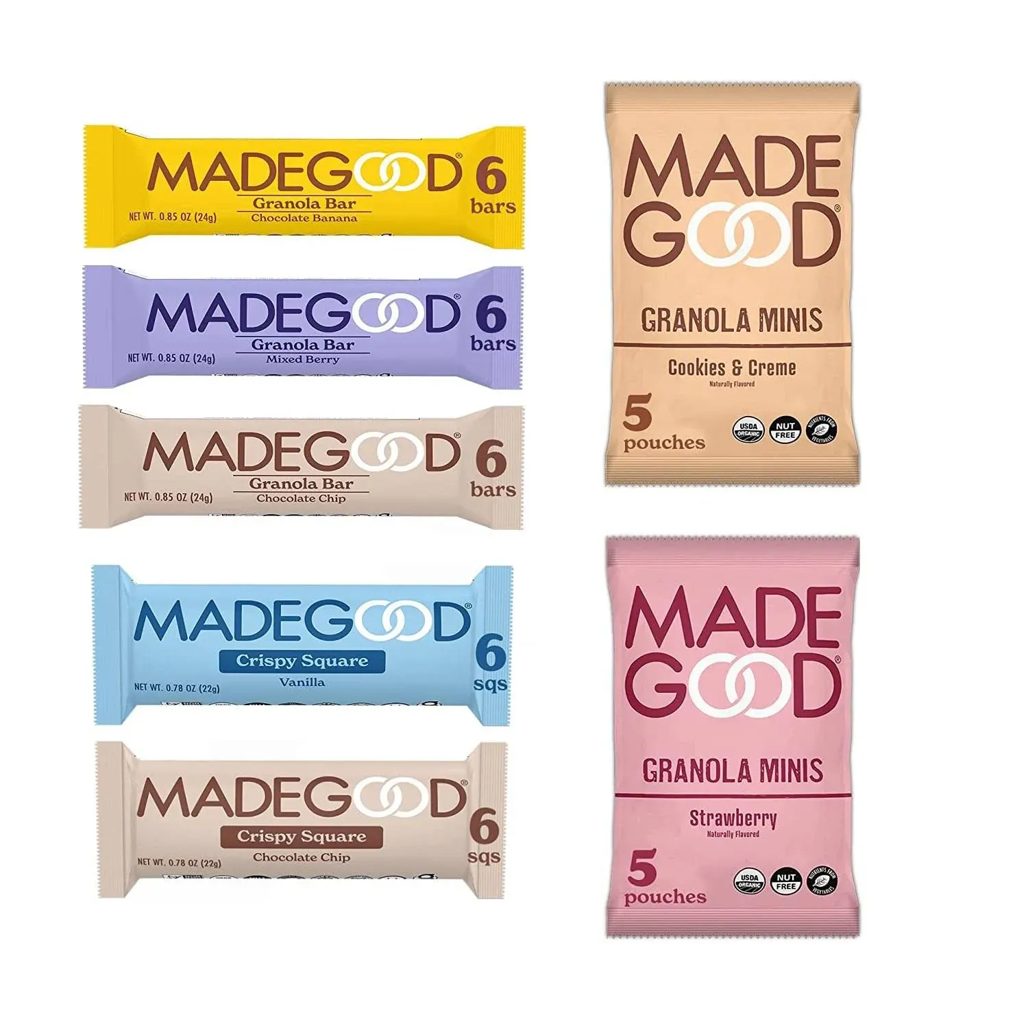 MadeGood Healthy Snacks Variety Pack Organic Assortment of Granola Bars, Granola Mini and Crispy Squares