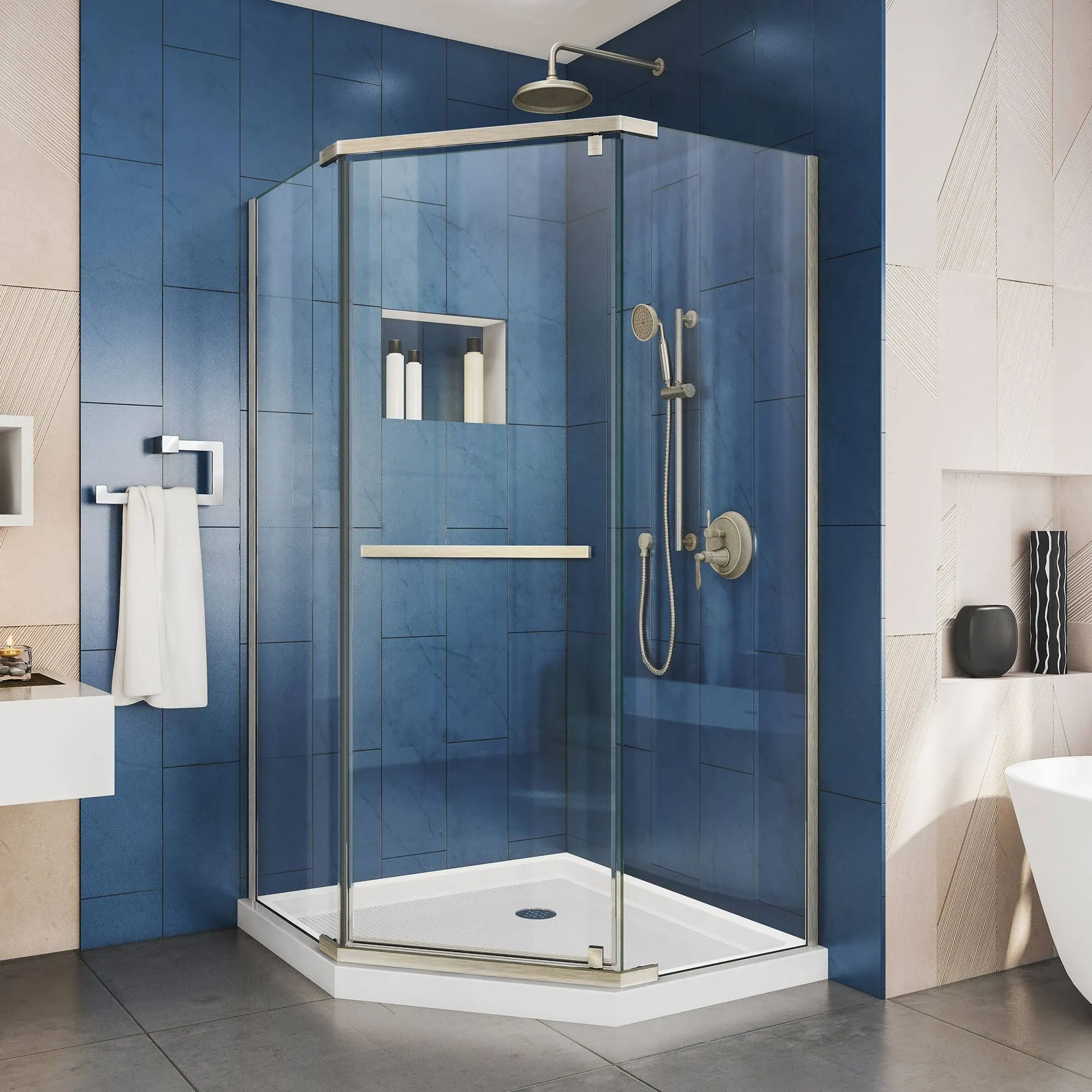 Prism 34.125 in. x 34.125 in. x 72 in. Semi-Frameless Neo-Angle Pivot Shower Enclosure in Brushed Nickel