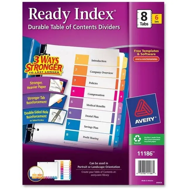 Avery Customizable Table of Contents Dividers, Ready Index Printable Section Titles, Preprinted 1-8 Multicolor Tabs, 6 Sets (11186)