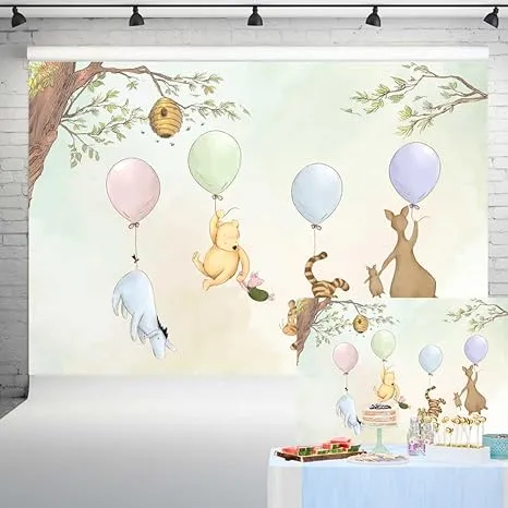 QPEANLE Pooh Bear and Friends RE32with Balloons Backdrop Watercolor Classic ...