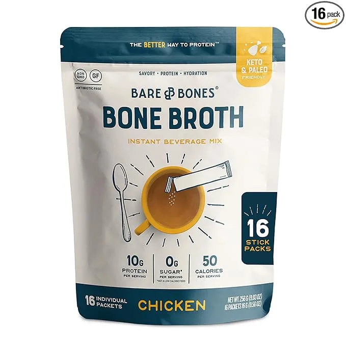 Bare Bones Bone Broth Instant Powdered Beverage Mix, Chicken, Pack of 16, 15g Sticks, 10g Protein, Keto & Paleo FriendlyBare Bones Bone Broth Instant Powdered Beverage Mix, Chicken, Pack of 16, 15g Sticks, 10g Protein, Keto & Pal…