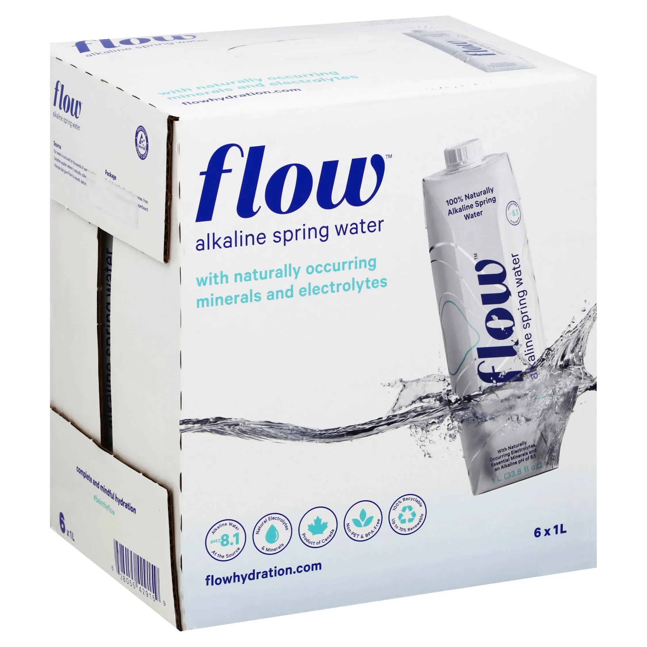 Flow Alkaline Spring Water - 6 pack, 33.8 fl oz cartons