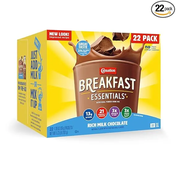 Carnation Breakfast Essentials Powder Drink Mix, Rich Milk Chocolate, Box of 22 Packets