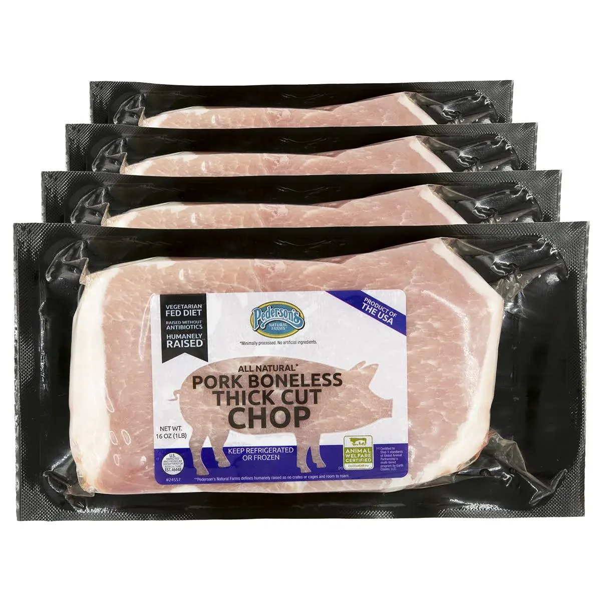 Pedersons Natural Farms, Boneless Thick Cut Pork Chops (4 Packages, 16 Ounces Each)