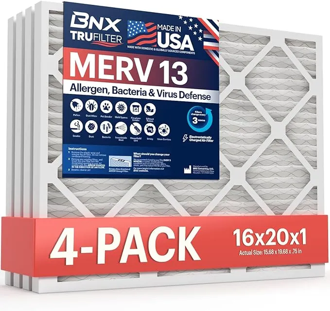 BNX 16x20x1 MERV 13 Air Filter 4 Pack - Made in USA - Electrostatic Pleated Air Conditioner HVAC AC Furnace Filters - Removes Pollen, Mold, Bacteria