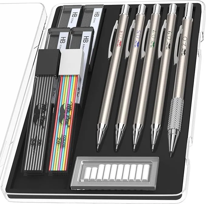 Mr. Pen- Metal Mechanical Pencil Set with Lead and Eraser Refills, 5 Sizes, 0.3, 0.5, 0.7, 0.9, 2mm, Drafting, Sketching, Architecture, Drawing Metal Mechanical Pencils