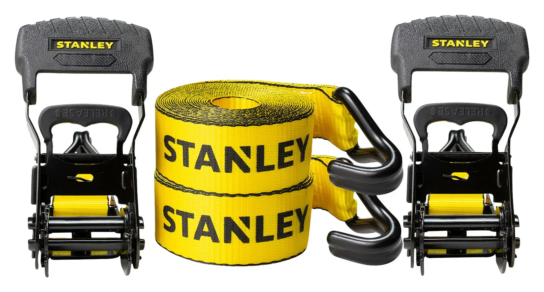 STANLEY S1007 Black/Yellow 1.5" x 16' Ratchet Tie Down Straps - Heavy Cargo Securing (3,300 lbs Break Strength), 2 Pack