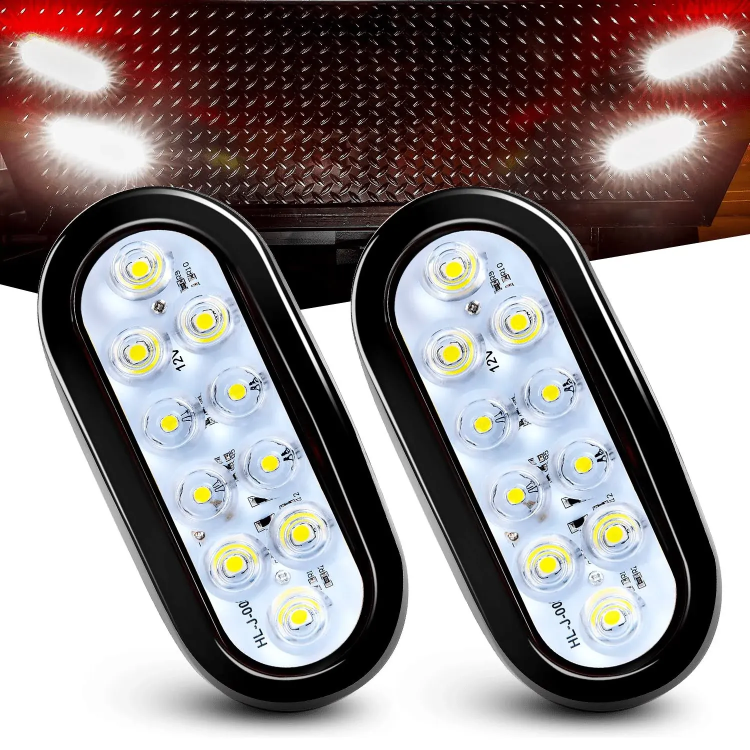 Nilight - TL-09 6 inch Oval White LED Trailer Tail Lights 2pcs 10 LED w/Flush Mount Grommets Plugs IP67 Waterproof Reverse/Back Up Trailer Lights