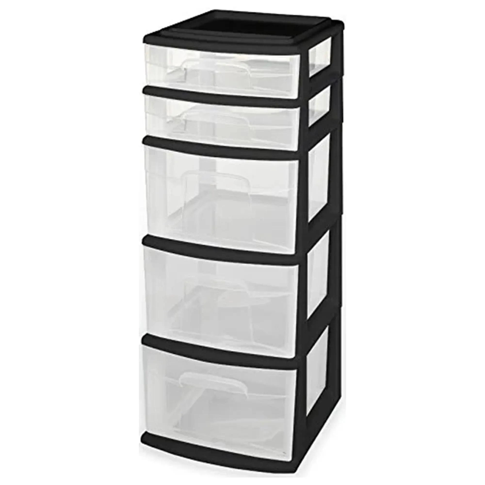 Homz Plastic 5 Clear Drawer Medium Home Organization Storage Container Tower with 3 Large Drawers and 2 Small Drawers, Black Frame, 2 Pack