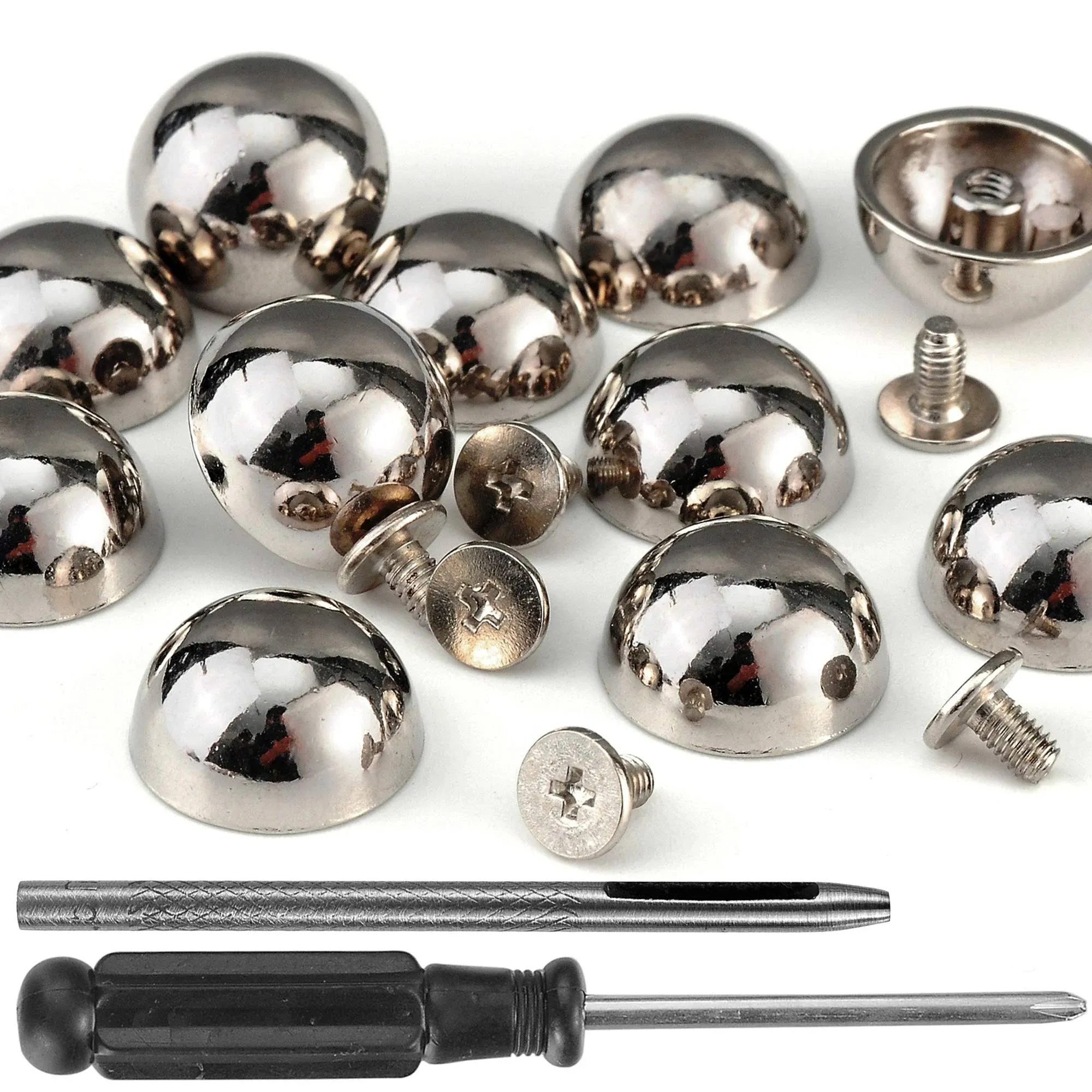 YORANYO 20 Sets 15X8MM Dome Spikes and Studs 19/32" Handbag Feet Silver Color Round Spikes Screw Back Studs and Spikes for Clothing Shoes Leather Craft Belts Bags Accessories with Installation Tool