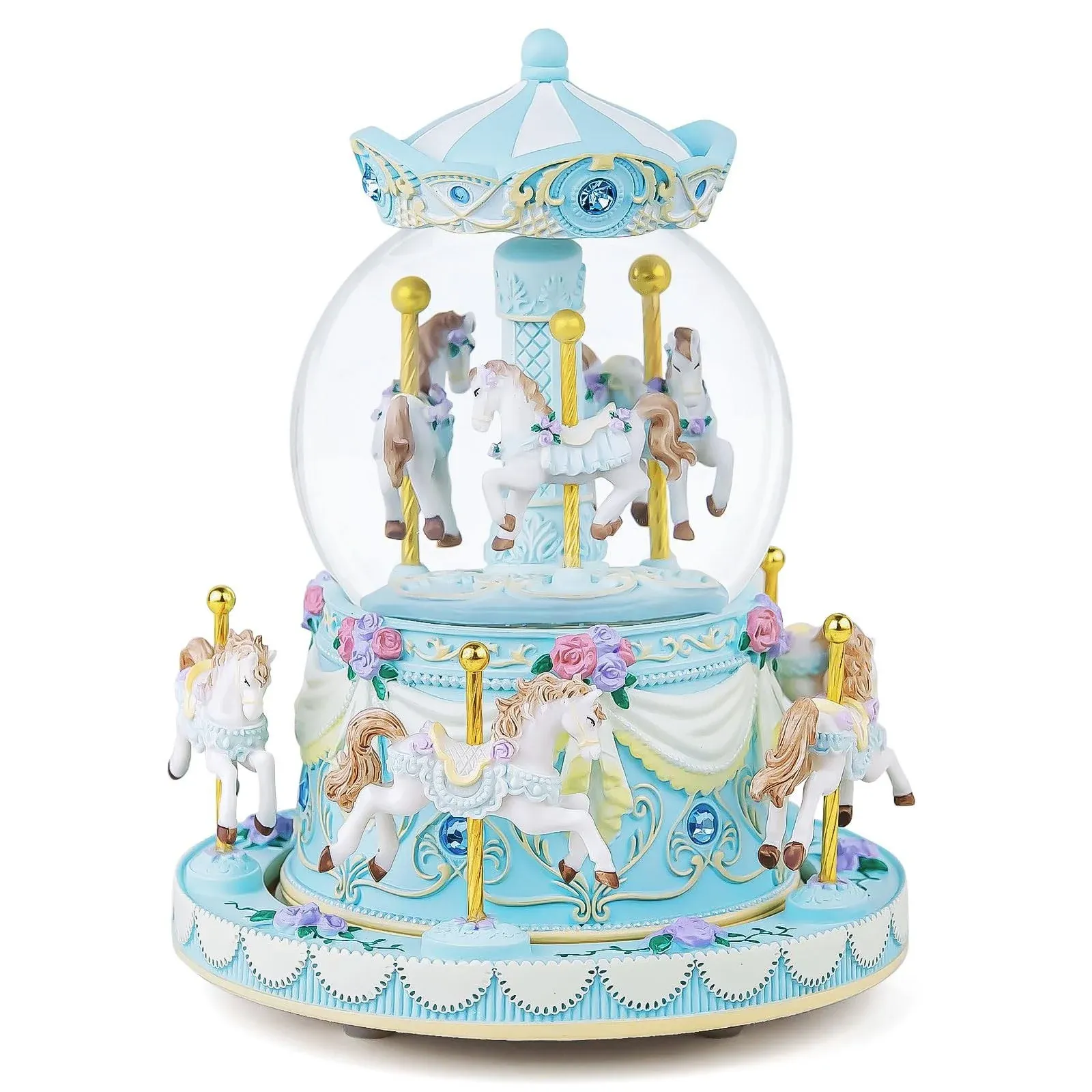 Mr.Winder Carousel Music Box Snow Globe Unicorn, Wind Up Musical Boxes with Led