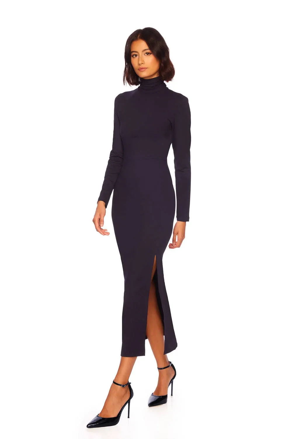 Long Sleeve Turtleneck Slit Midi Dress In Black