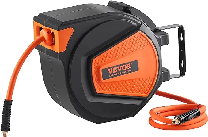 VEVOR Retractable Air Hose Reel, 3/8 IN x 50 FT Hybrid Air Hose Max 300PSI, Air Compressor Hose Reel with 5 ft Lead in, Ceiling/Wall Mount Enclosed Air Reel, 180° Swivel MountVEVOR Retractable Air Hose Reel, 3/8 IN x 50 FT Hybrid…