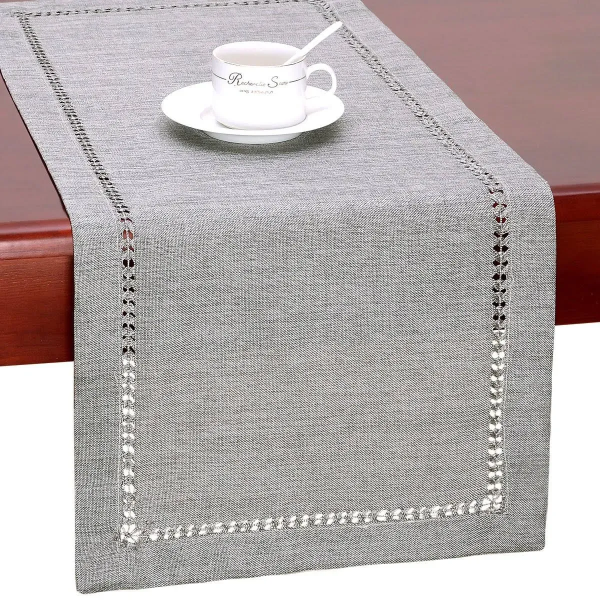 Handmade Hemstitch Gray Dining Table Runner or Dresser Scarf, Rectangular 14 by 