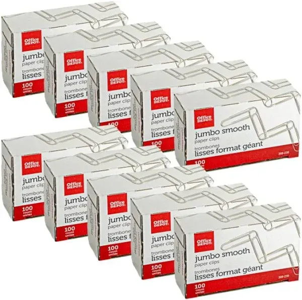 Office Depot Brand Paper Clips, Jumbo, Silver, 100 Clips per Box, Pack of 10 Boxes