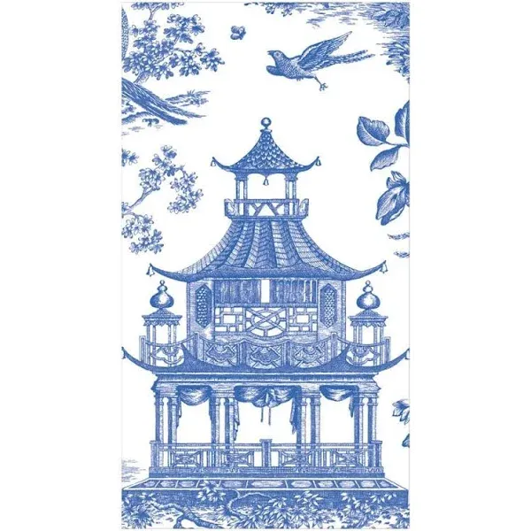 Caspari Guest Towel Napkin - Chinoiserie Toile Pagoda Blue