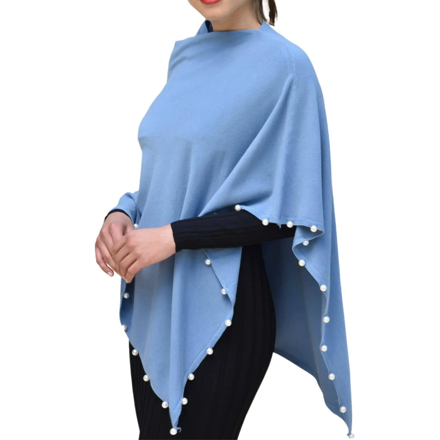 La Fiorentina Women's Faux Pearl Embellished Poncho - Blue