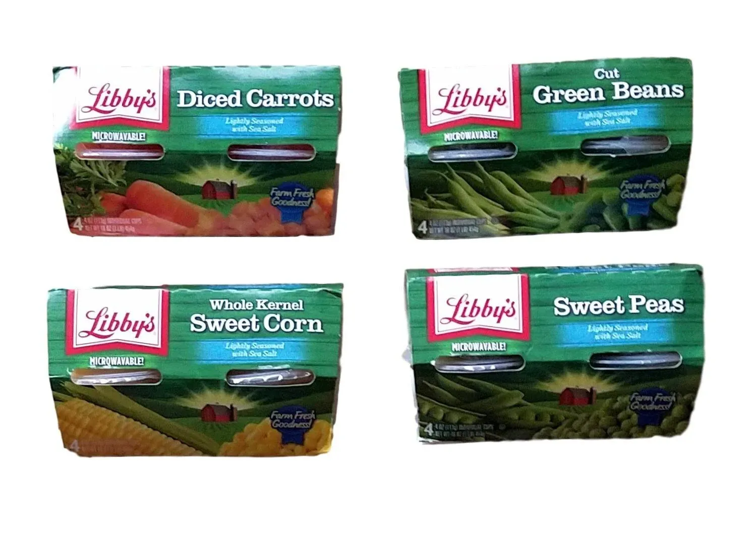 Diced Carrots, Cut Green Beans, Whole Kernel Sweet Corn, Sweet Peas - Variety Pack of 4 Libby's Microwavable Individual Cups (16 Servings Total) - Bun