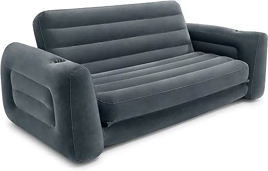 INTEX 66552EP Inflatable Pull-Out Sofa: Built-in Cupholder – Velvety Surface – 2-in-1 Valve – Folds Compactly – 46" x 88" x 26", Grey