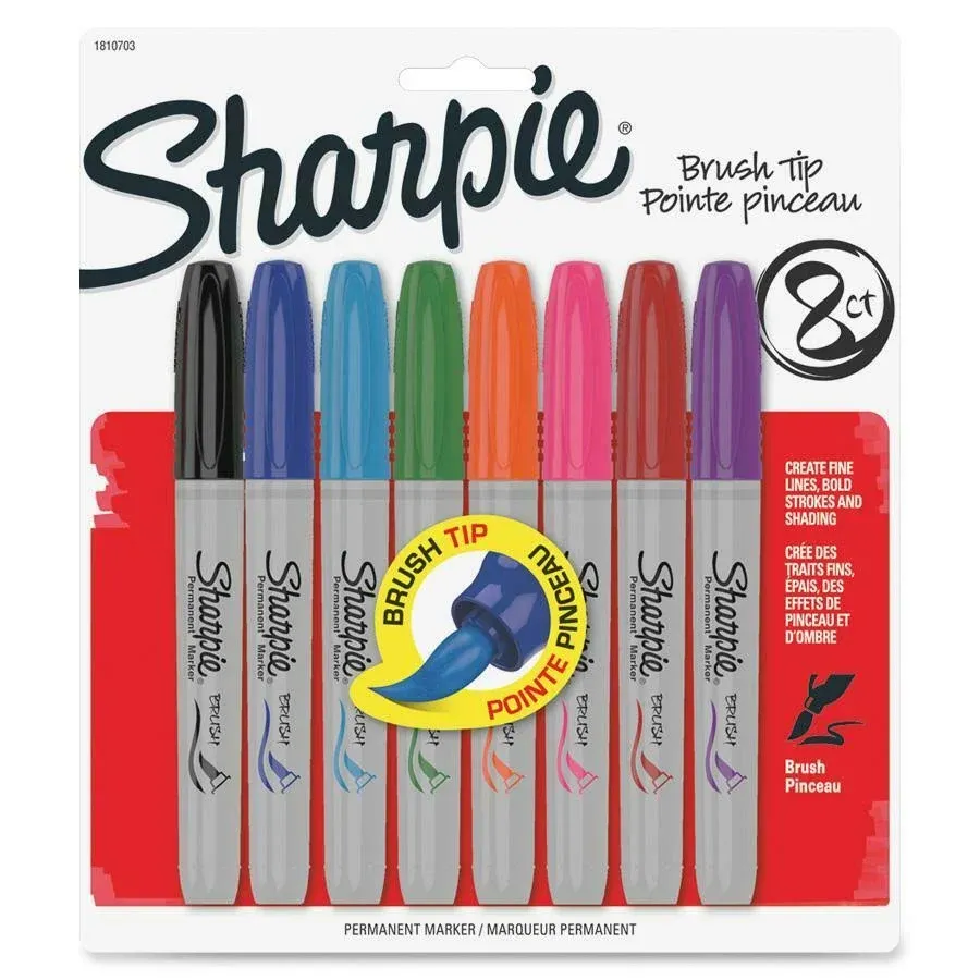 Sharpie Brush Tip Permanent Markers, Assorted - 8 pack