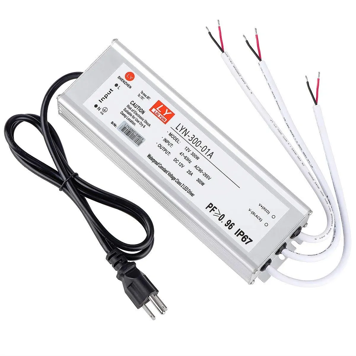 LED Driver 300 Watts (100W X3) 25A Waterproof IP67 Power Transformer Adapter 90-265V AC to 12V DC Low Voltage Output, With 3-pin plug 3.3 ft LED Cable for LED Lighting Outdoor Light and Any 12V DC LED