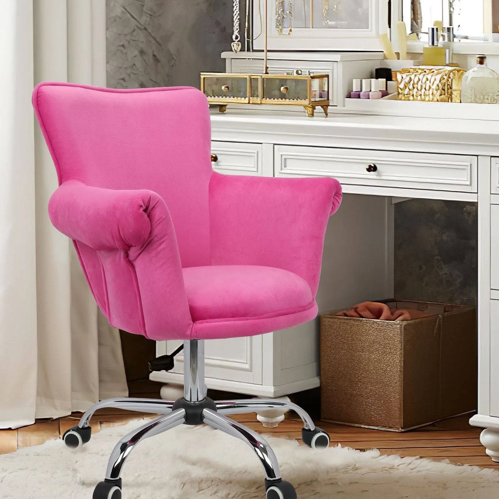 Pink Velvet Salon Vanity Chair Microfiber Pub Bar Stool Computer Swviel Seat