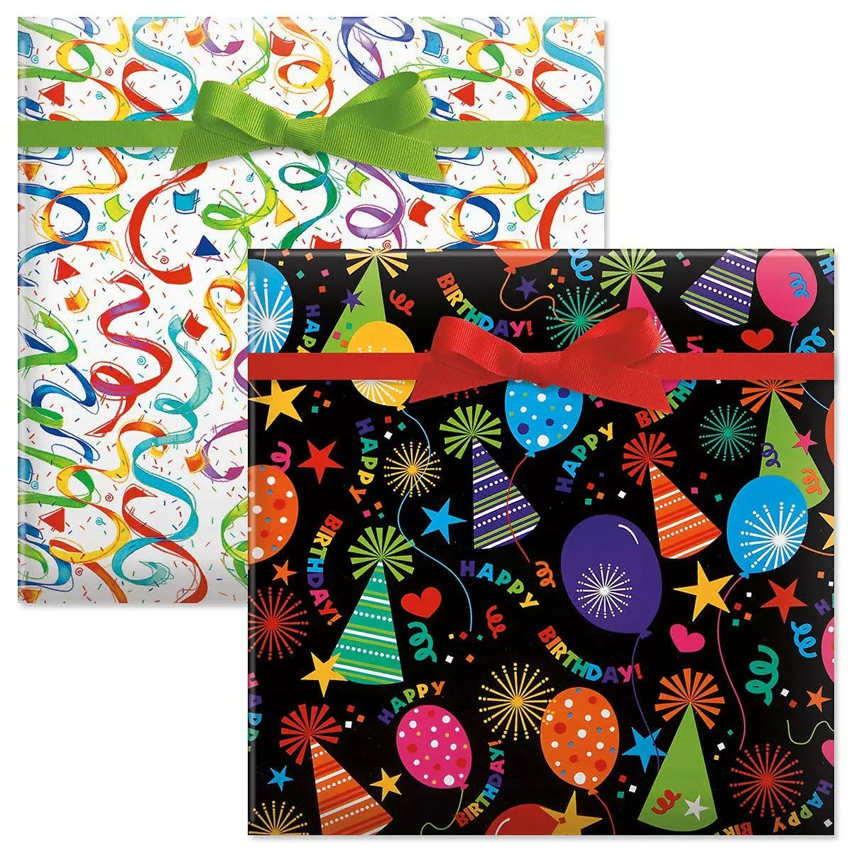 Black Hats/Streamer Confetti Birthday Jumbo Rolled Gift Wrap