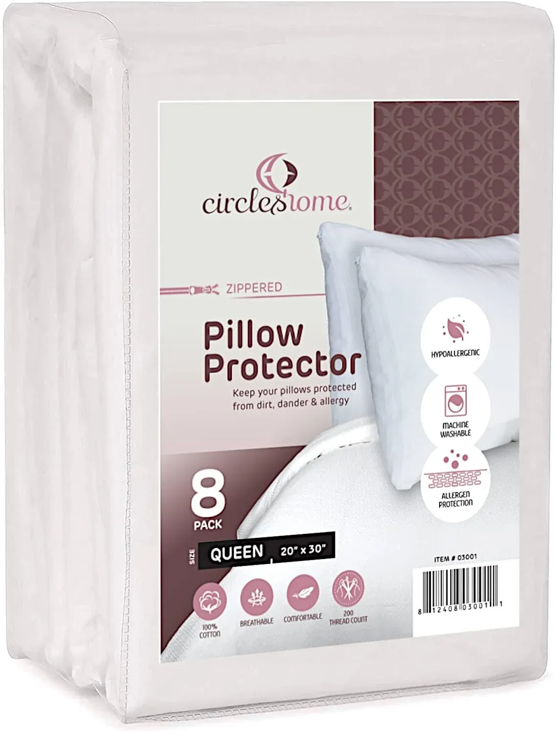 Circles Home 100% Cotton Breathable and Quiet Queen Pillow Protector with Zipper – (8 Pack)