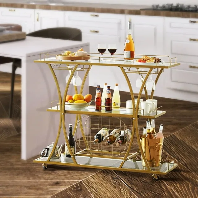 VEVOR 3 Tiers Gold Metal Bar Serving Cart with Wine Rack Glass Holder