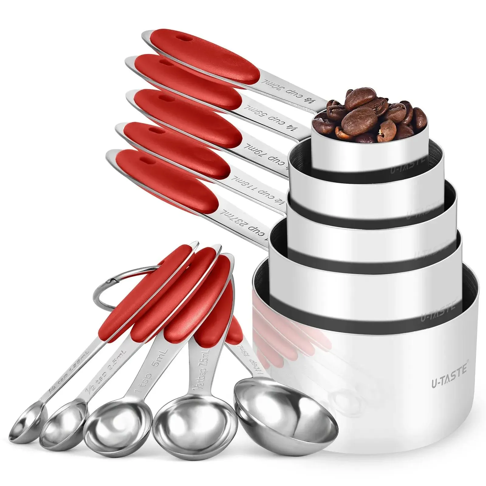 U-Taste 18/8 Stainless Steel Measuring Cups and Spoons Set of 10 (Red)