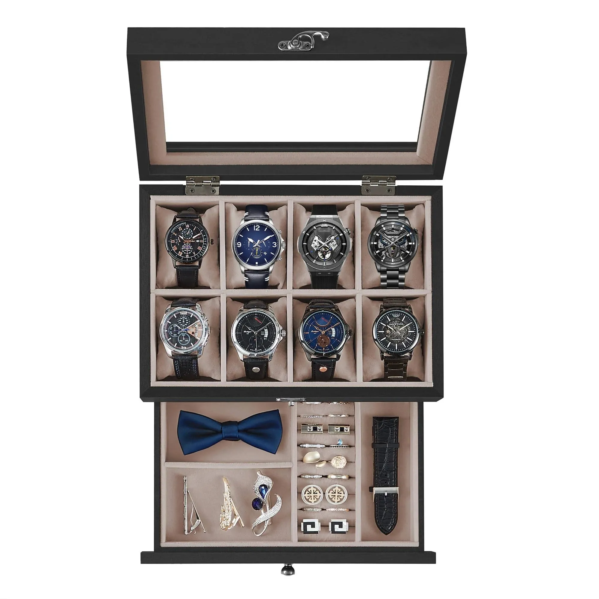 SONGMICS 2-Tier Watch Box with Glass Lid, Ebony Black / 8 Slot