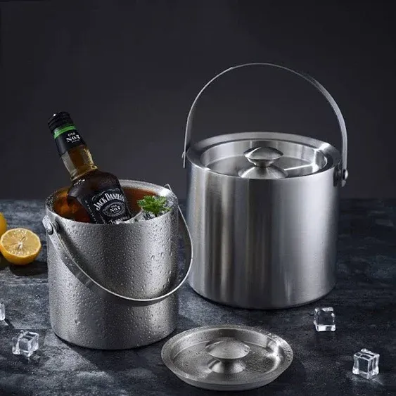 Hovico 3 Liter Double Wall Stainless Steel Insulated Ice Bucket With Lid and Ice Tongs Great for Party and Picnic