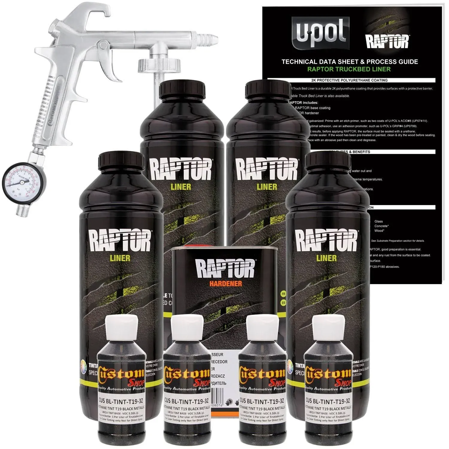 U-POL Raptor Tintable Black Metallic Bed Liner Kit w/ Spray Gun, 4 Liters Upol