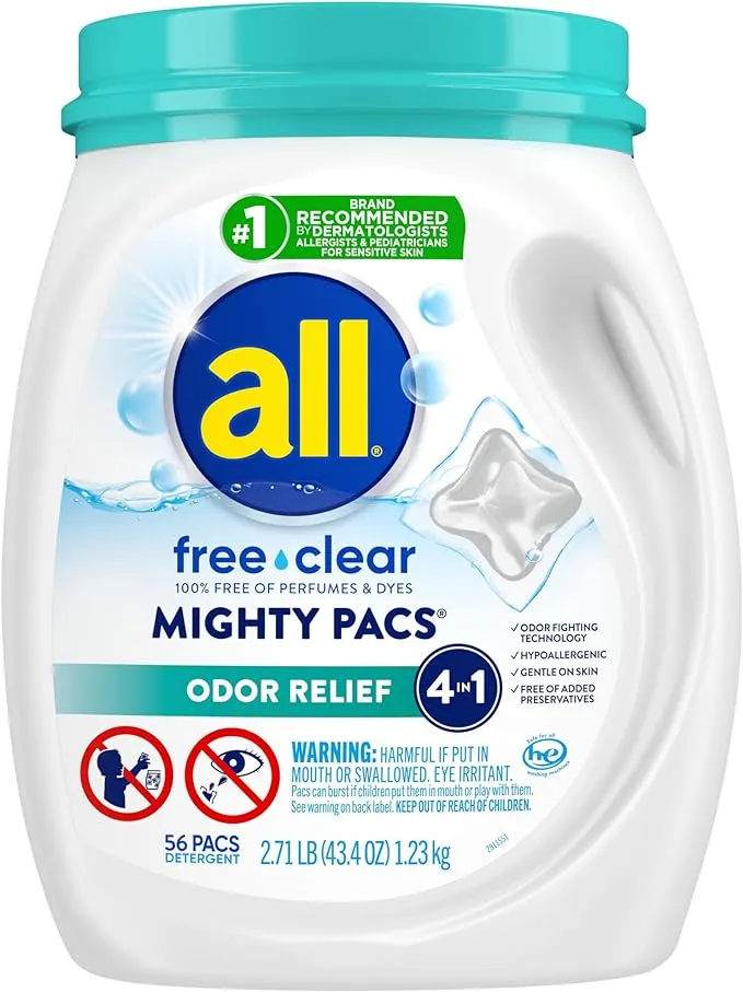 All Mighty Pacs Laundry Detergent Pacs, 56 Count, Free Clear Odor Relief, Tub