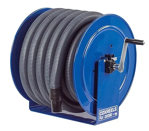 Coxreels V-117H-850 Vacuum Direct Crank Rewind Hose Reel, 1-1/2" Cuff, 2" x 50' Hose, Blue