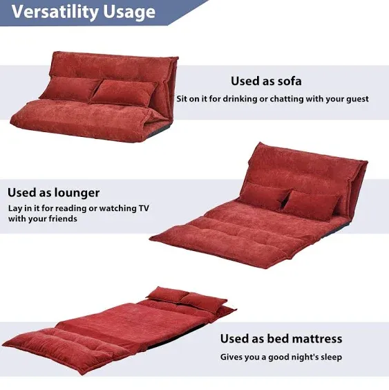 Floor Sofa Bed, Foldable Sleeper Sofa Bed, Lounge Couch, Reclining Sofa Couch with 2 Pillows for Living Room (Red)