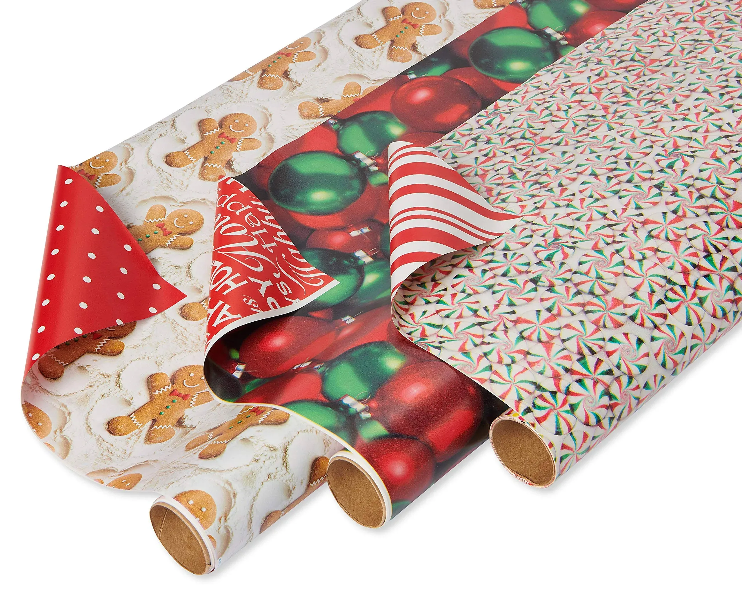 American Greetings Christmas Wrapping Paper Gingerbread Ornaments Peppermints 3 Pack 120 Sq. ft